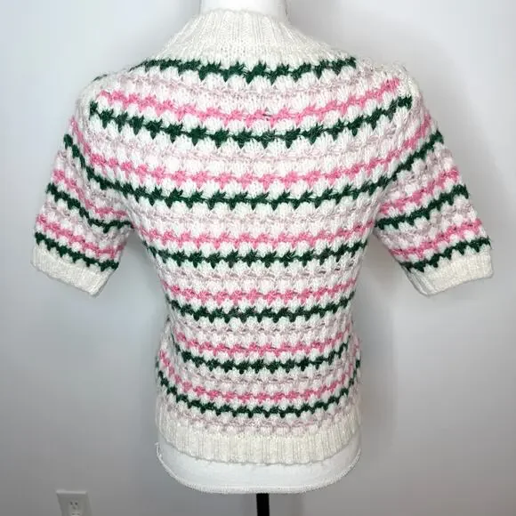 ZARA Crochet Knit Cropped Pastel Short Sleeve Sweater In Cream Pink Size Small - Picture 6 of 10